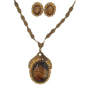 WEST GERMANY Blue Porphyry Slag Art Glass Enamel Filigree Necklace Earrings